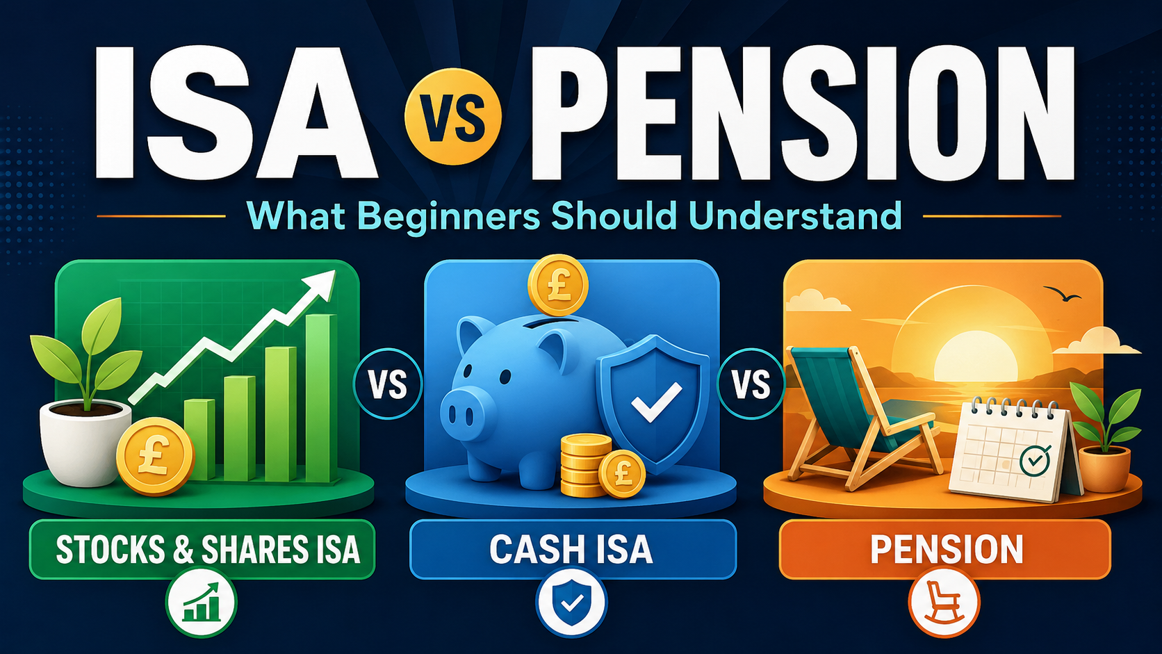 Illustration comparing a Cash ISA, Stocks and Shares ISA and pension for beginner investors